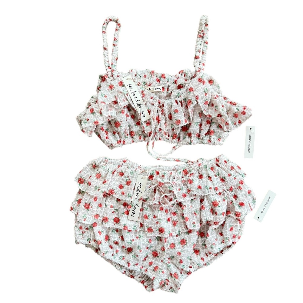 For Love & Lemons Floral Ruffle Crop Top and Shorts Set White Red Small NEW - Picture 6 of 13